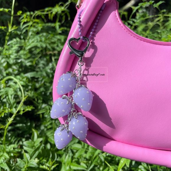 Lilac Lavender Baby Purple Jelly Pearl Heart Strawberry Cluster Bag Charm SILVER - Picture 6 of 8